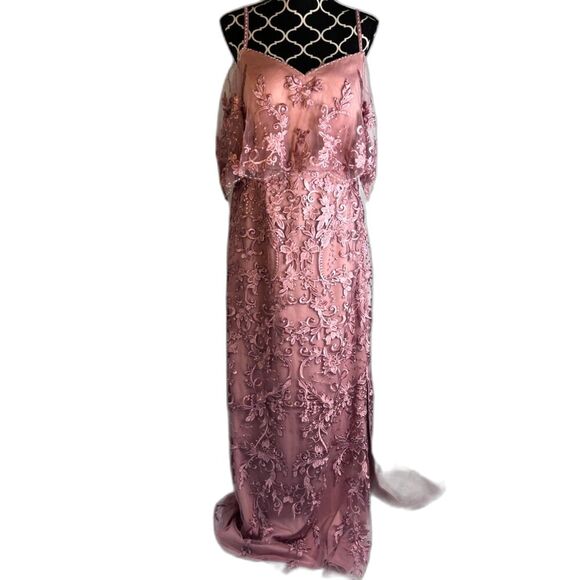 Azazie Norma Pink Lace Overlay Cold Shoulder Formal Dress ALTERED Size** A10/A14 - Picture 1 of 16